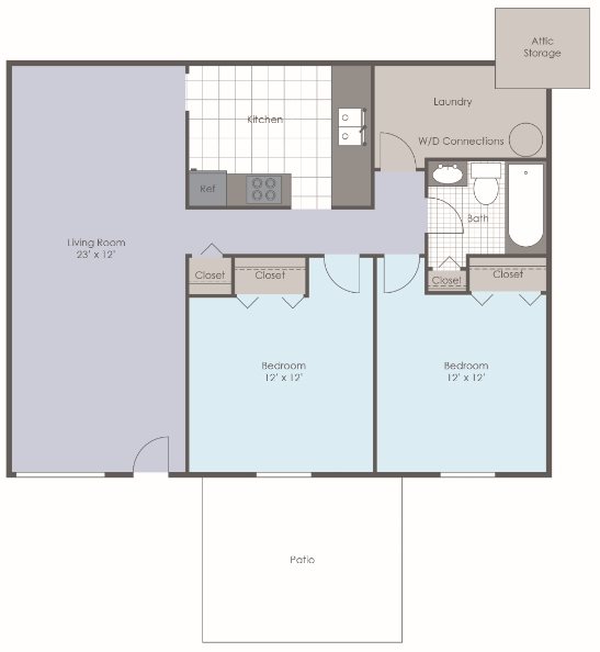 Two bedroom, one bath 2 dimensional floor plan.